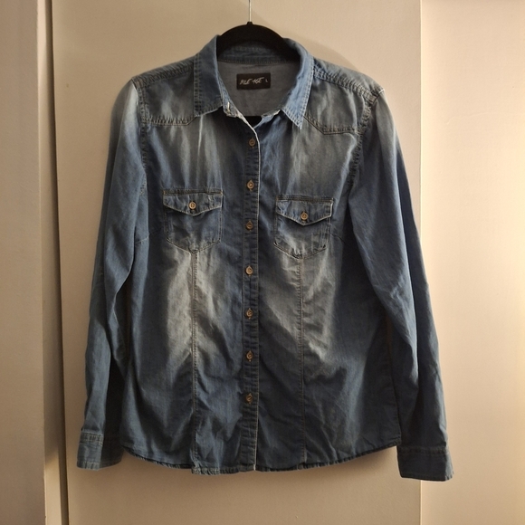 Blue Age Tops - Blue Age Women's Ombre Distressed Button Down Long Sleeve Shirt
